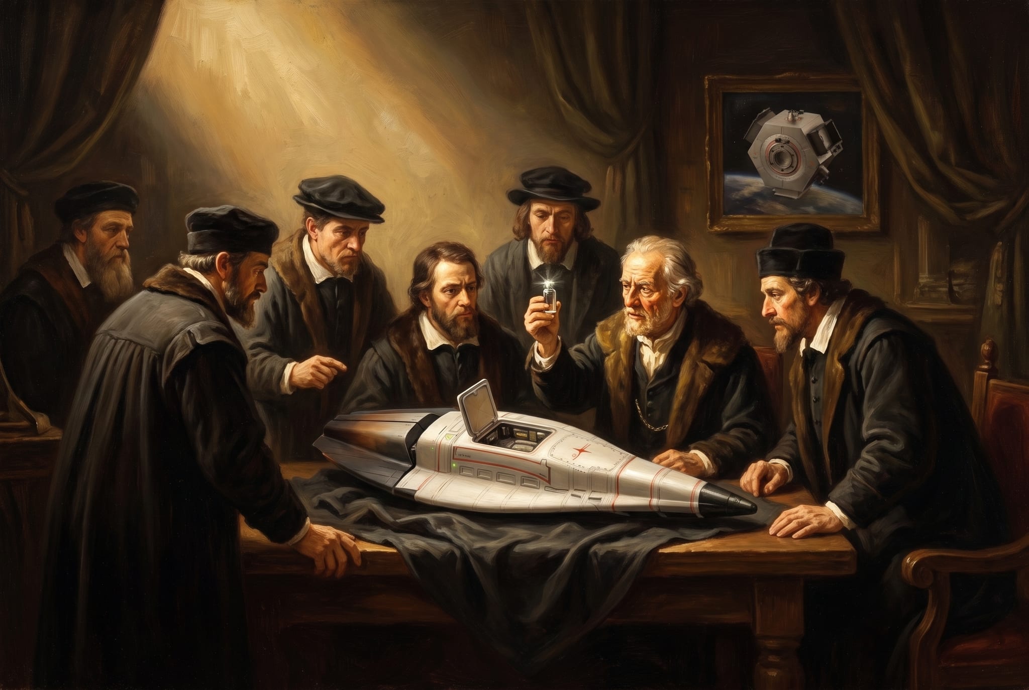 Scholars in a candlelit study examine a reentry vehicle and a small luminous vial, with a hexagonal spacecraft above Earth in the painting behind them